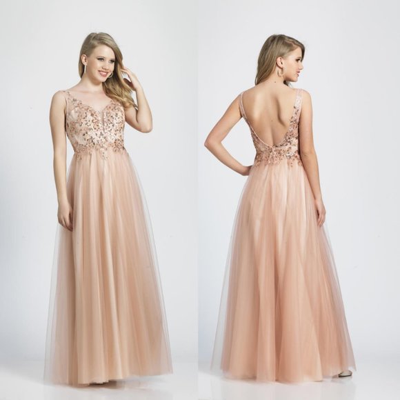 NWT‎ DAVE JOHNNY Blush Pink Tulle Maxi Dress Junior 7 MEDIUM Gown Beaded Wedding - Picture 3 of 13